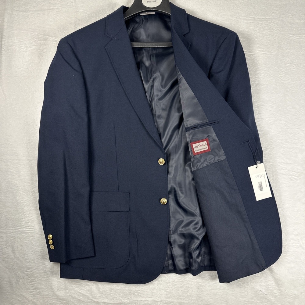 Louis Martin Wool Blazer 44R Navy Blue Hopsack Gold 2 Button Jacket Sport Coat